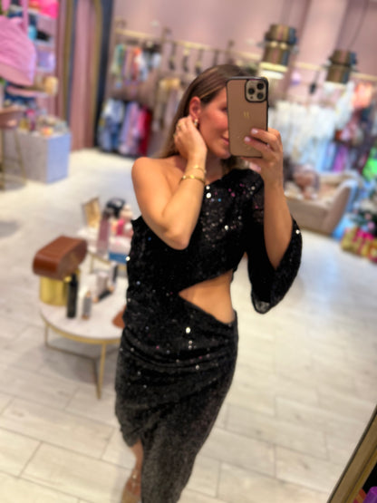 Black Sequins cut out one shoulder dress