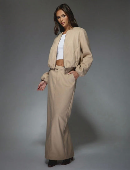 Nude Skirt & Bomber Jacket Set