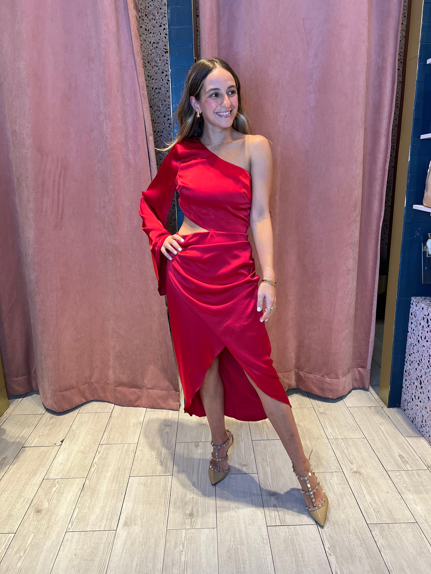 Red cut out one shoulder dress