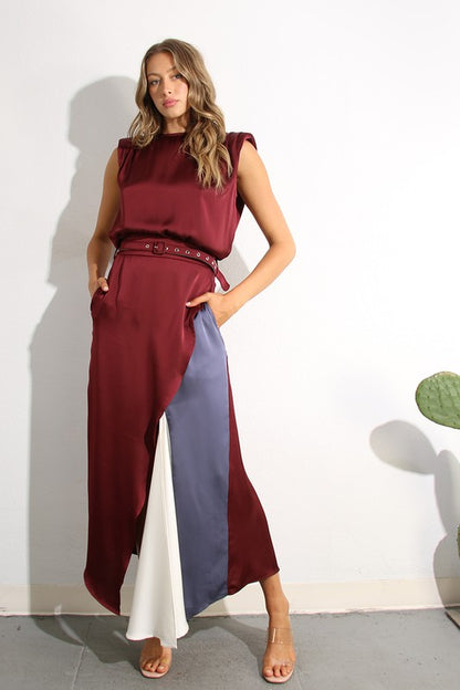 Wine color block padded skirt set