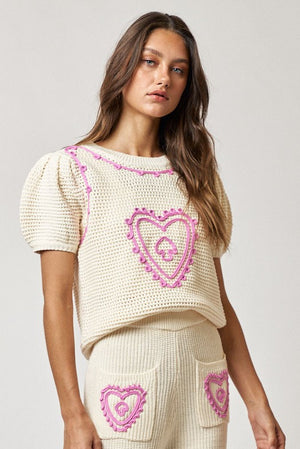 Knitted  & embroidery puffy sleeve top