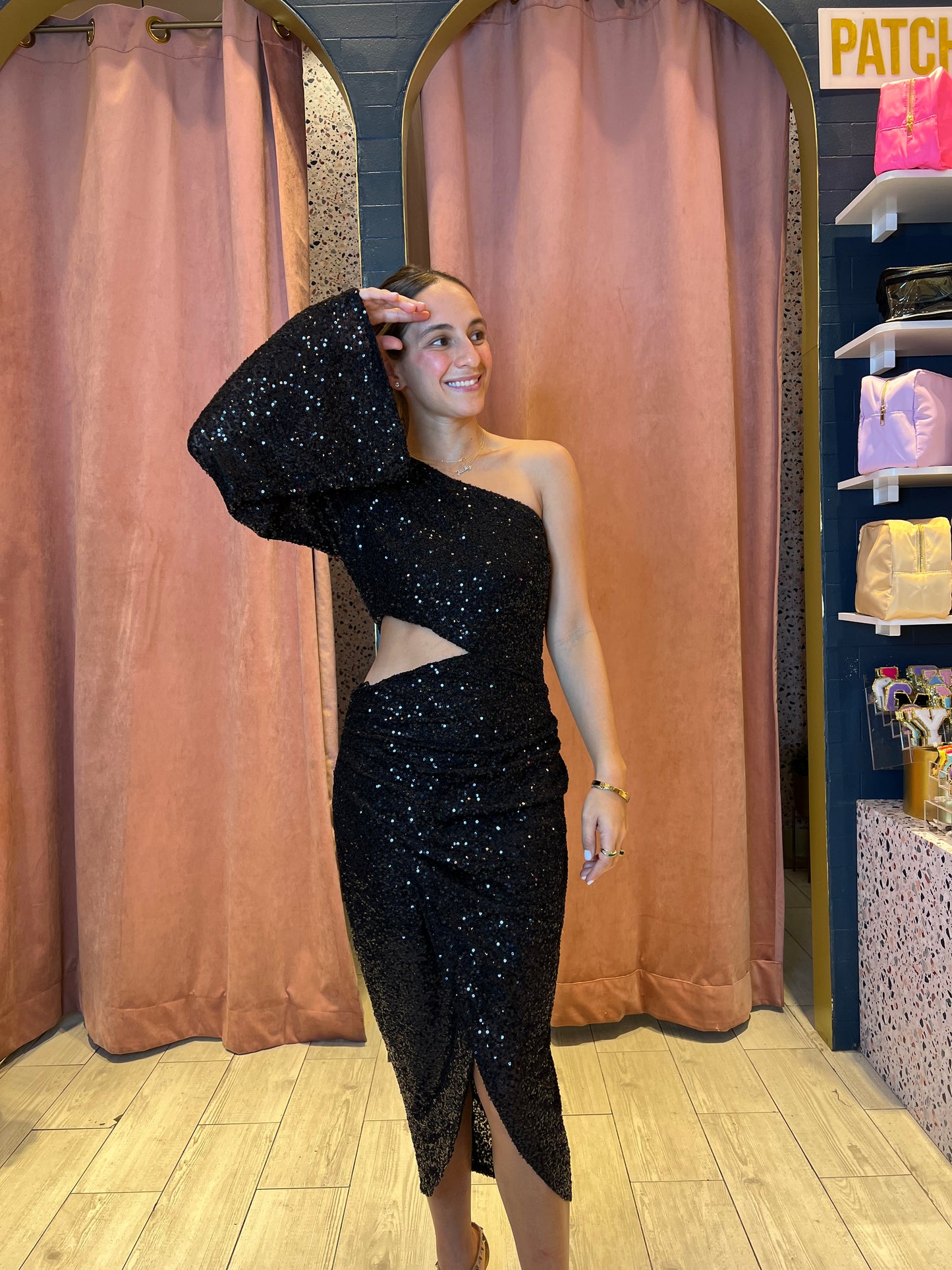 Black Sequins cut out one shoulder dress