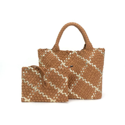 Alanas almond with gold stripe wrislet tote