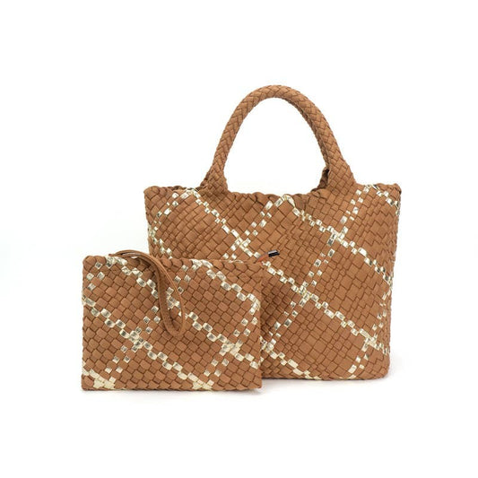 Alanas almond with gold stripe wrislet tote