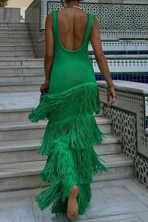 Olivias Green fringed dress 6 julio