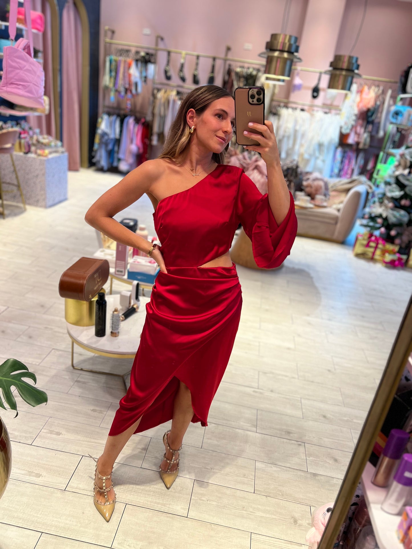 Red cut out one shoulder dress