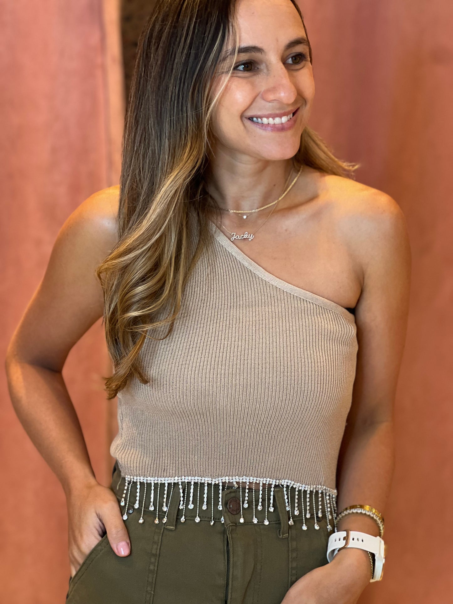 Nude one shoulder rhinestones top