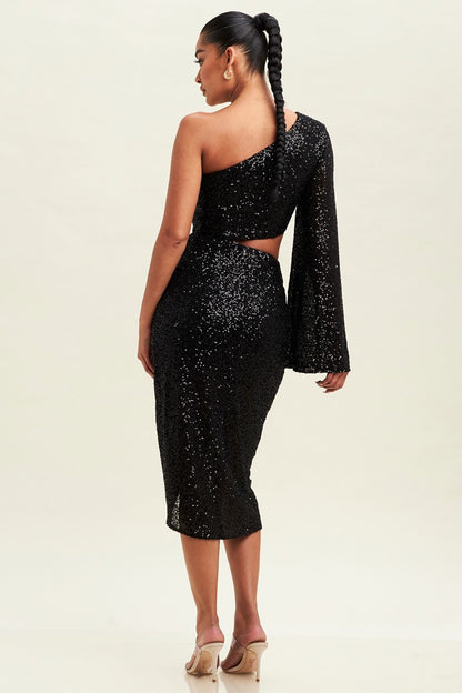 Black Sequins cut out one shoulder dress