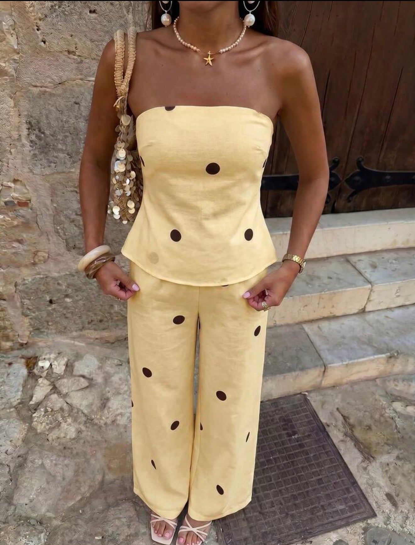 Butter yellow polka dots pants set