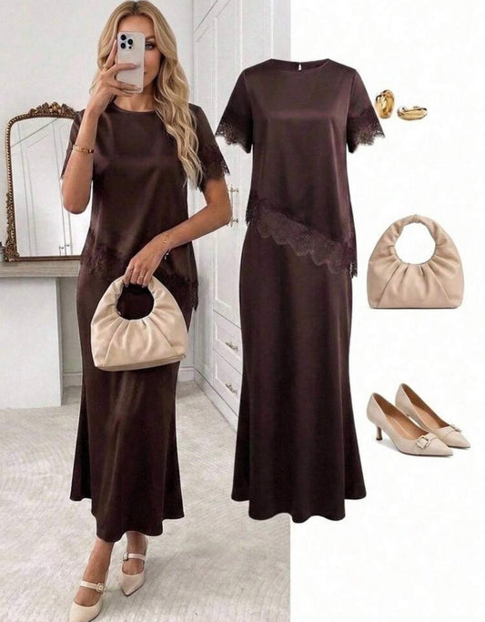 Brown Silky & Lace skirt set