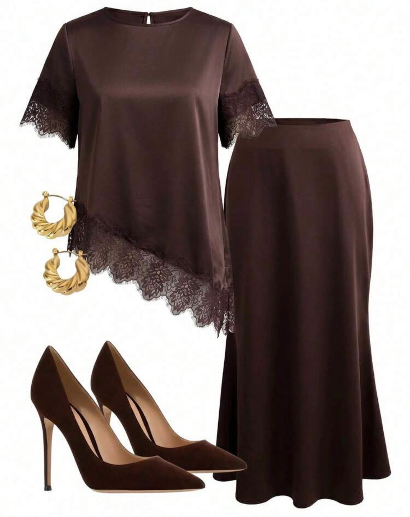Brown Silky & Lace skirt set