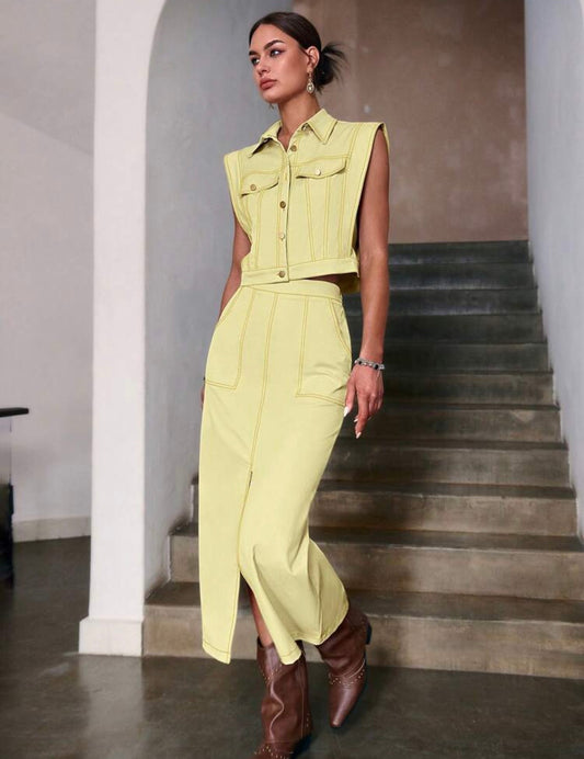 Butter yellow stiched skirt & vest set