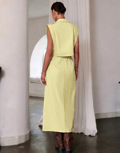 Butter yellow stiched skirt & vest set