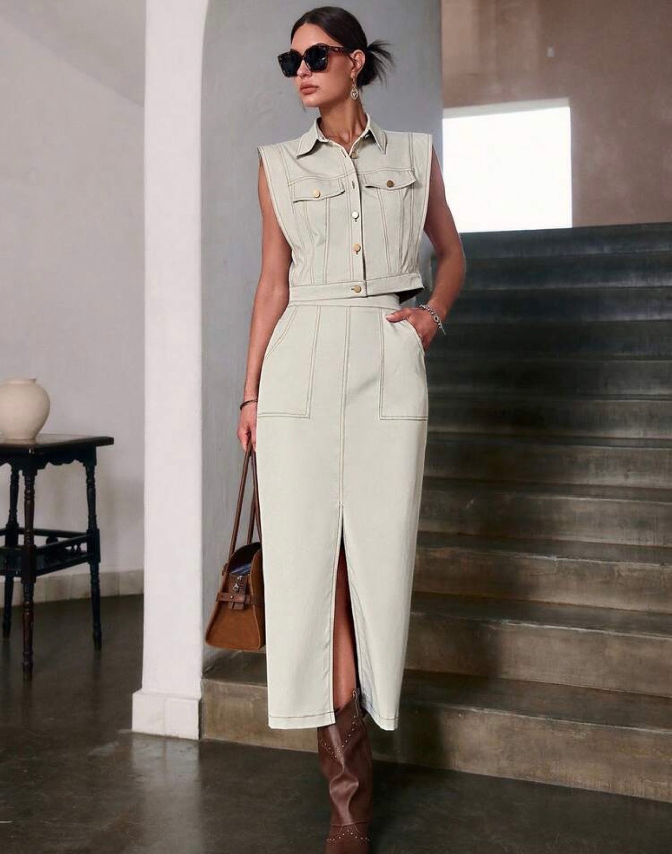 Light grey skirt & vest set