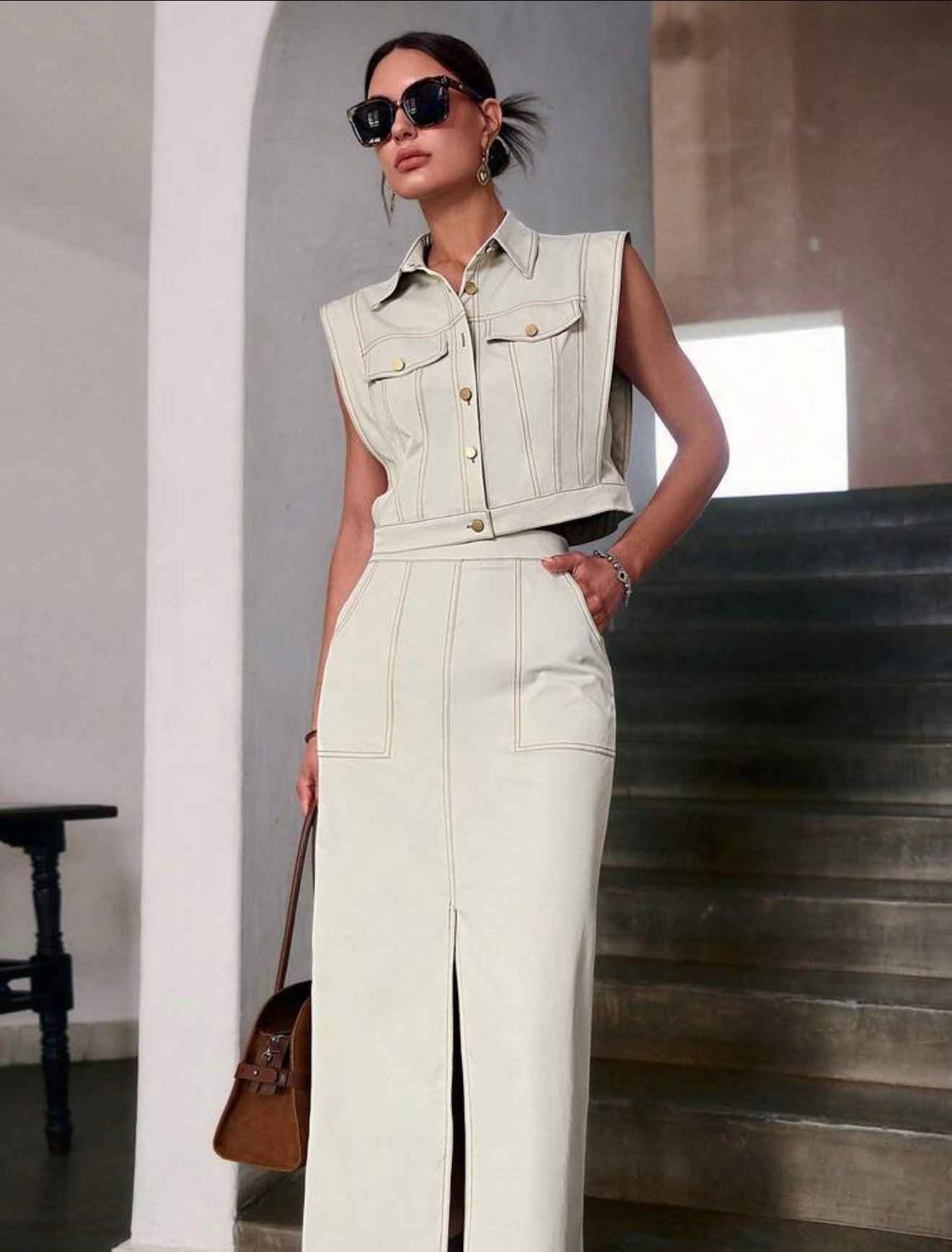 Light grey skirt & vest set