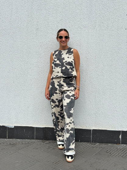 Cow printed pant & top set