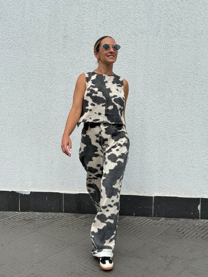 Cow printed pant & top set