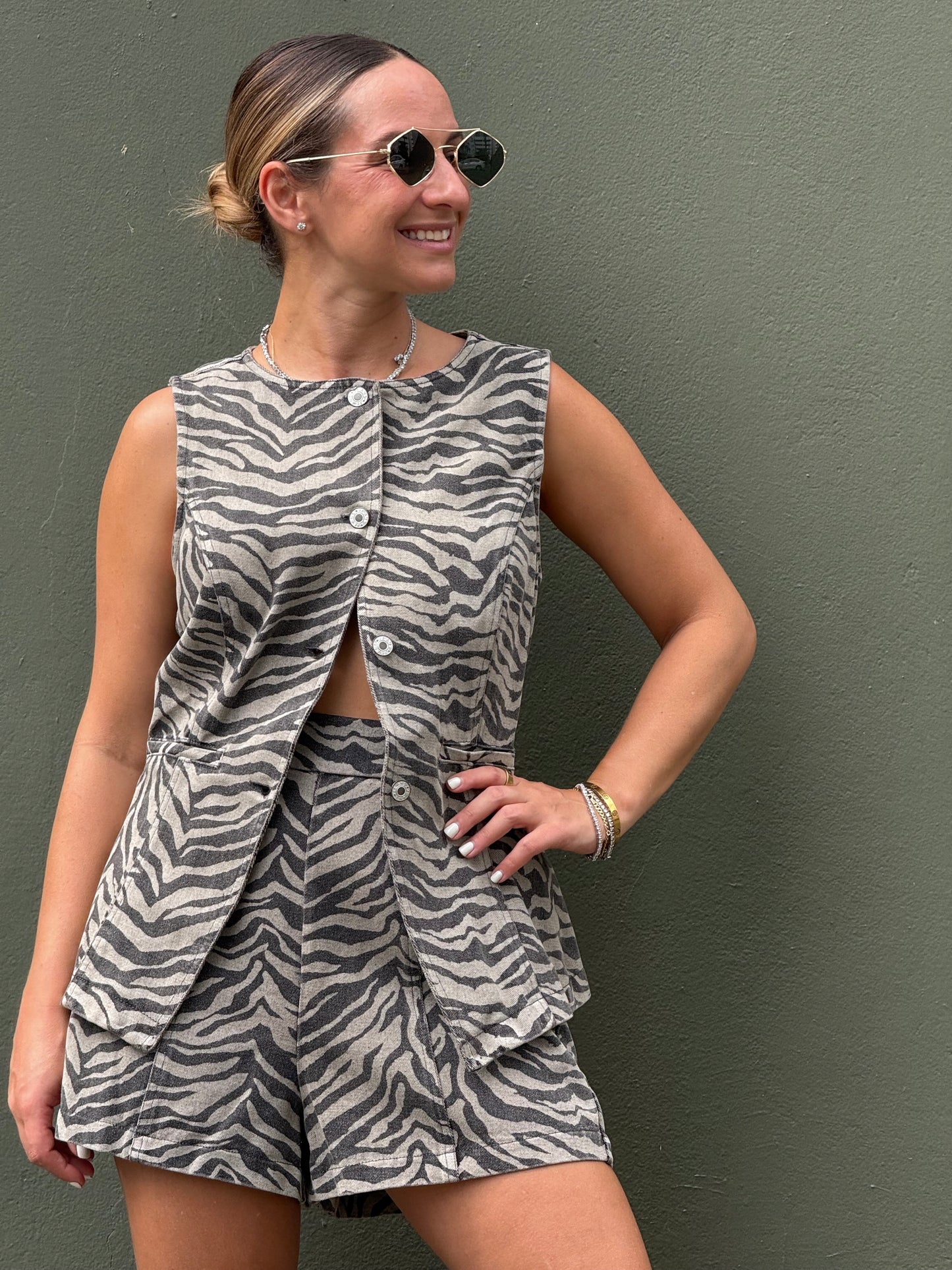 Zebra denim vest & shorts set