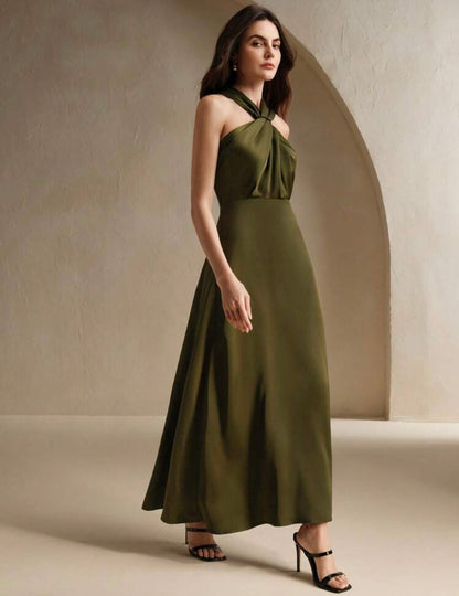 Olive Silky halter dress