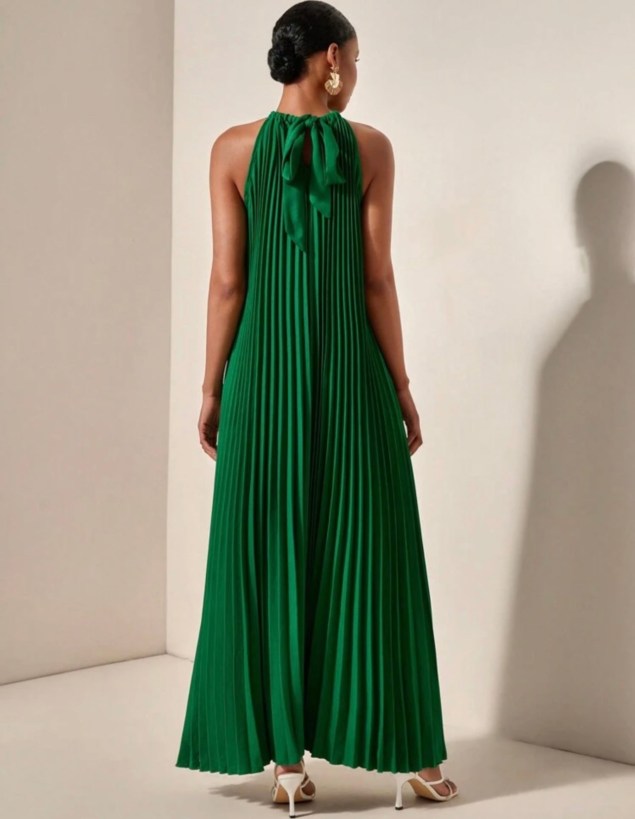 Green pleated halter dress