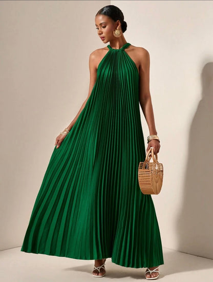 Green pleated halter dress