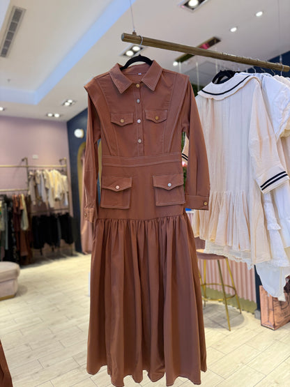 Camel stiched long sleeve dress