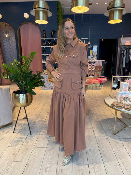 Camel stiched long sleeve dress