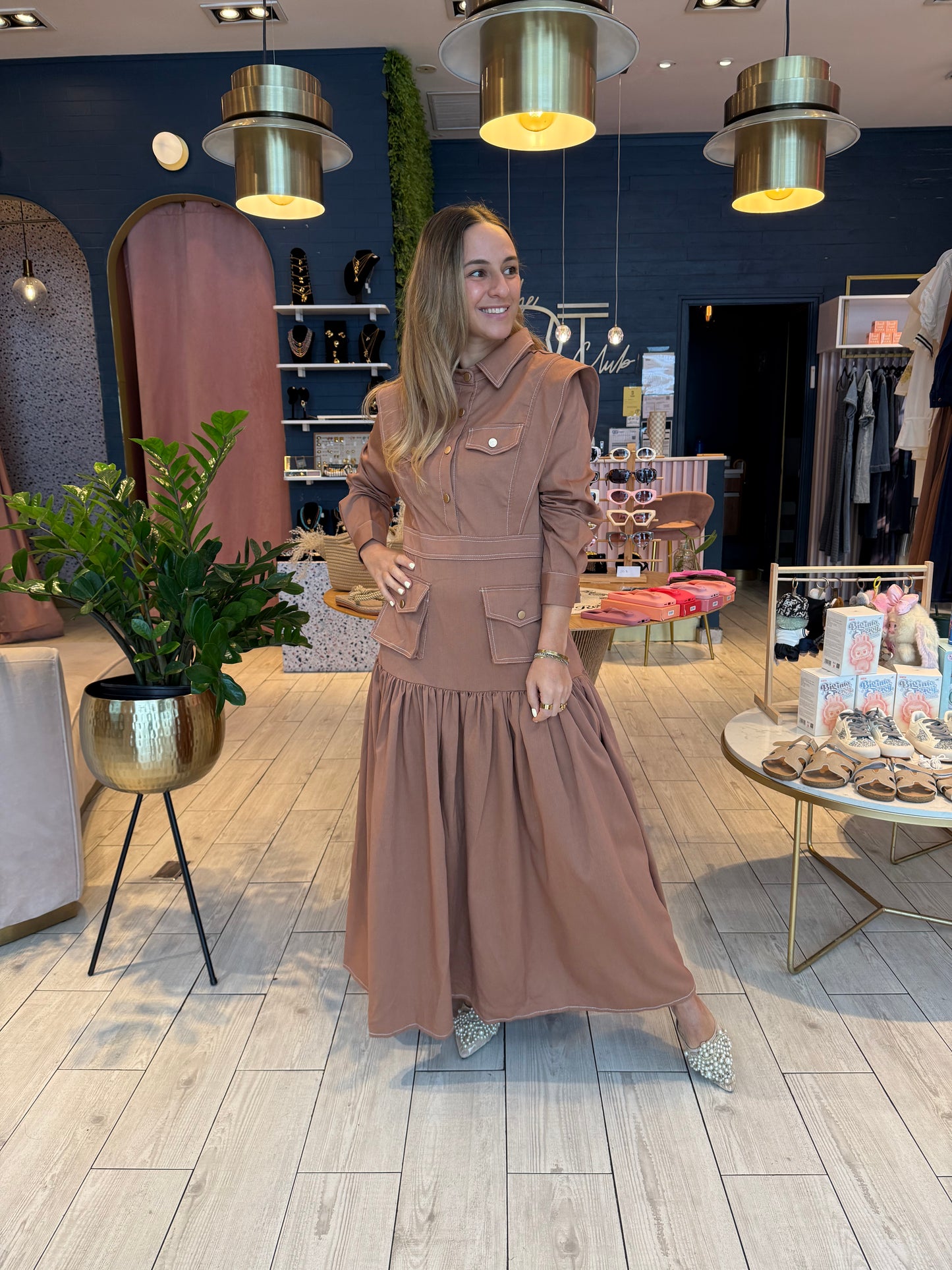 Camel stiched long sleeve dress