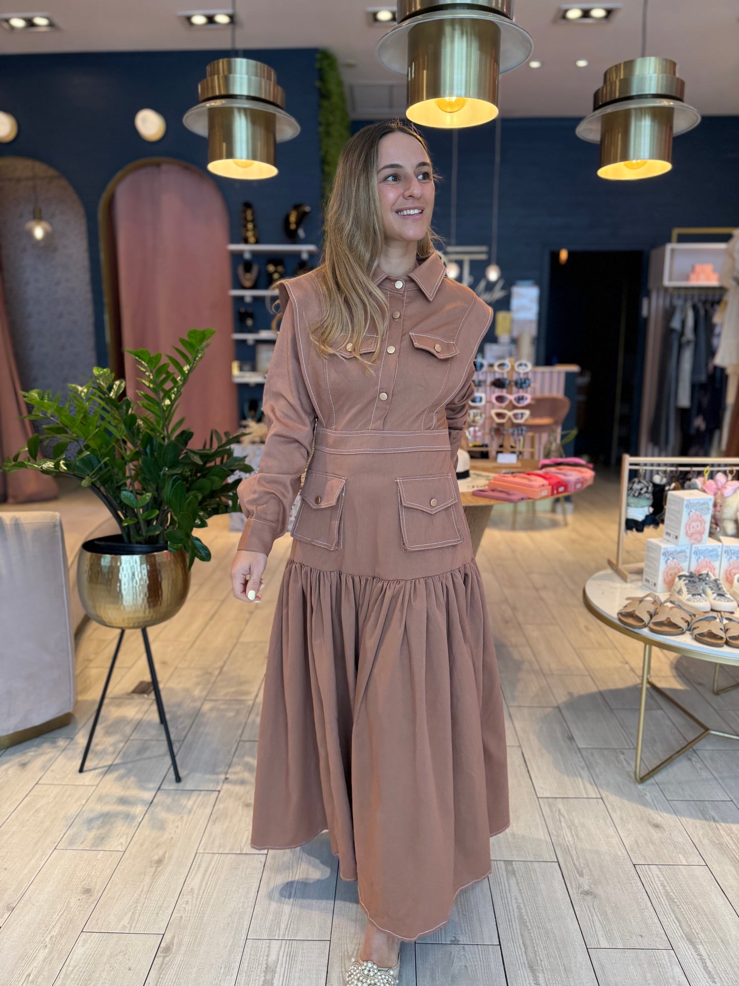 Camel stiched long sleeve dress