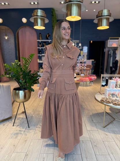 Camel stiched long sleeve dress