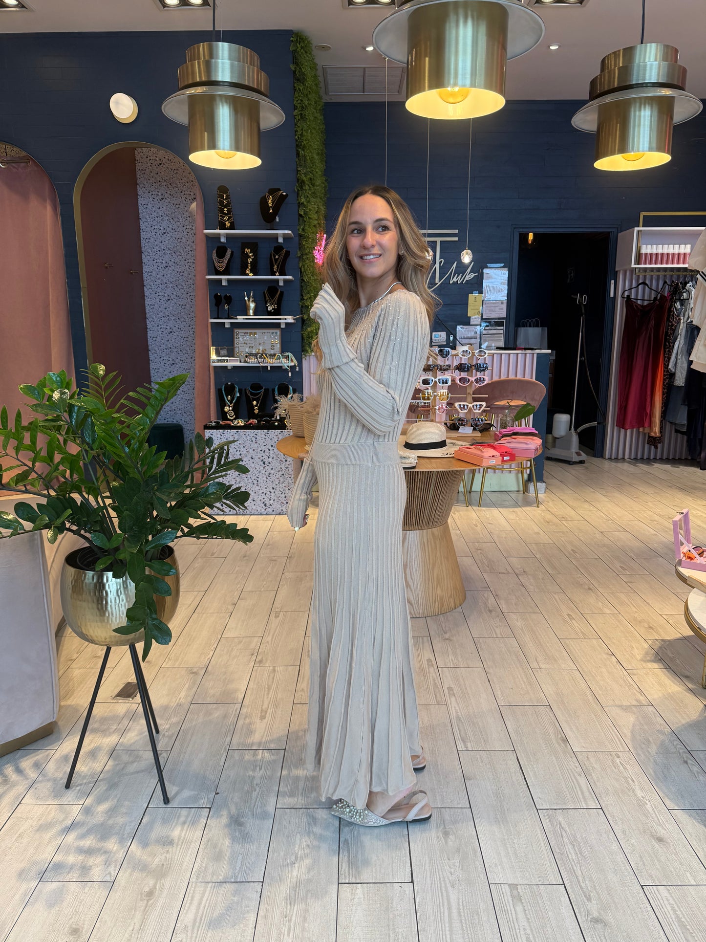 Nude rhinestones ribbed dress