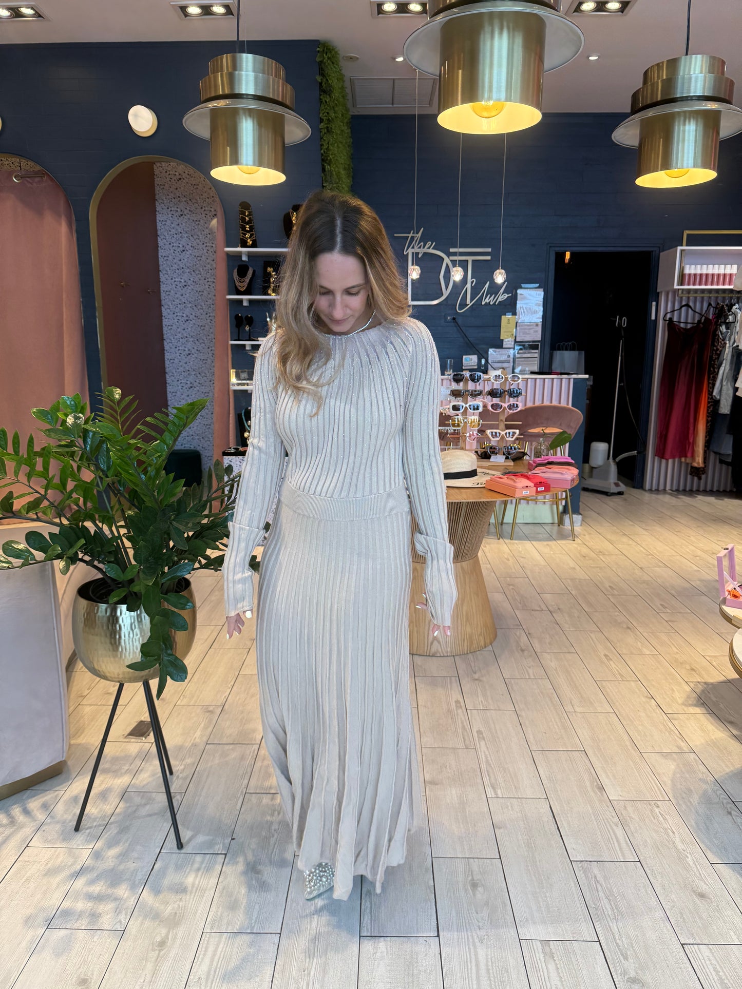 Nude rhinestones ribbed dress