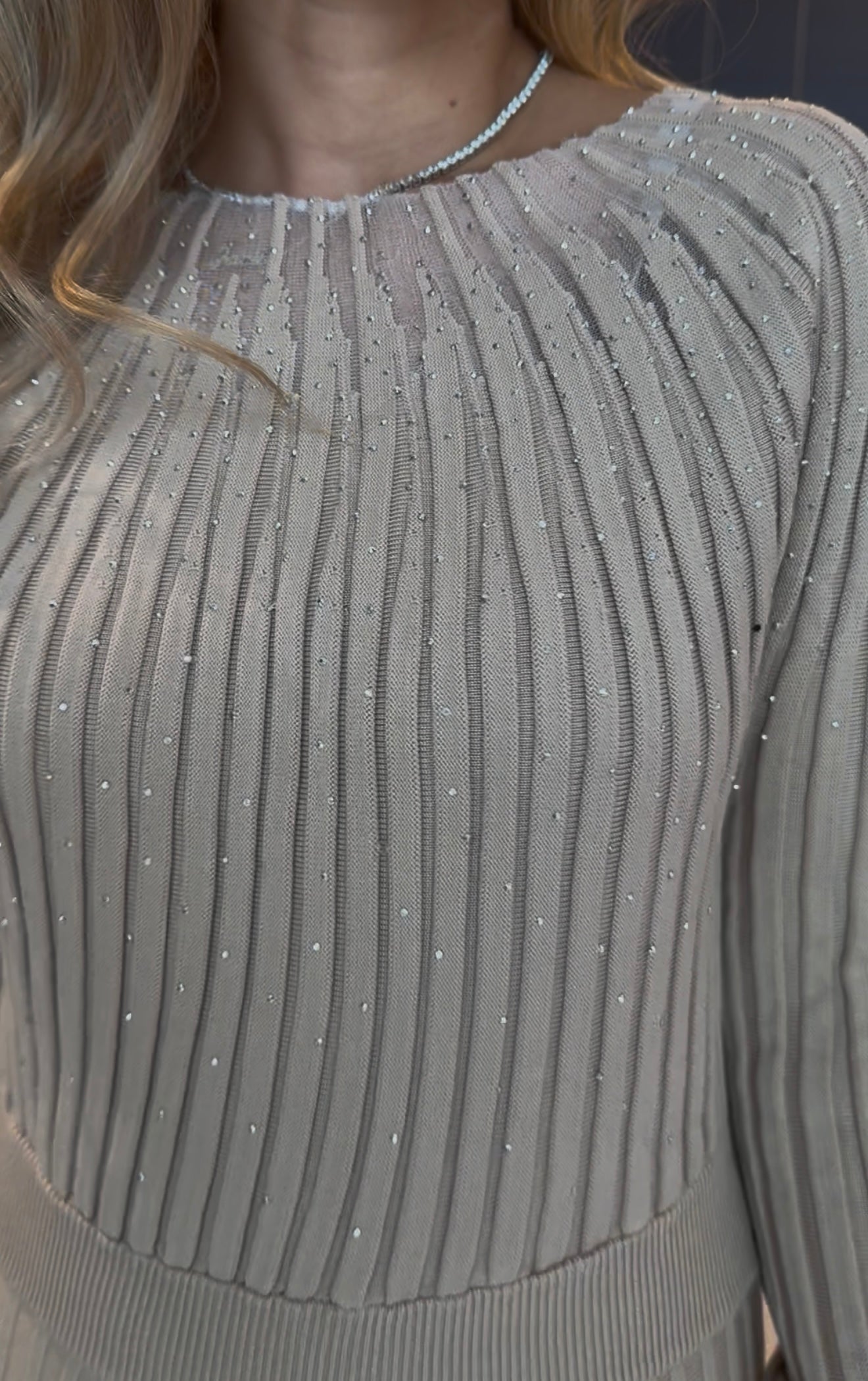 Nude rhinestones ribbed dress