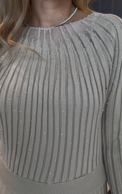 Nude rhinestones ribbed dress