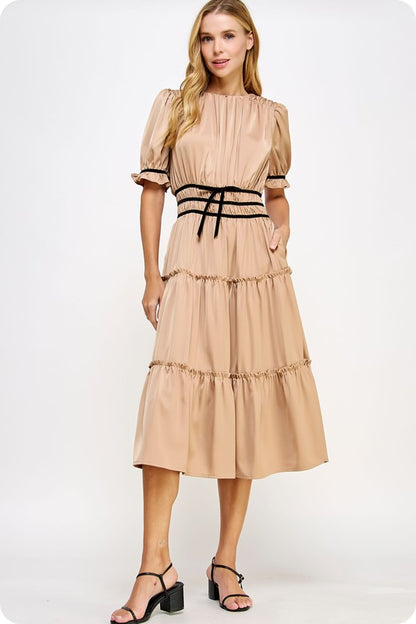 Nude Silky ruffled midi Dress