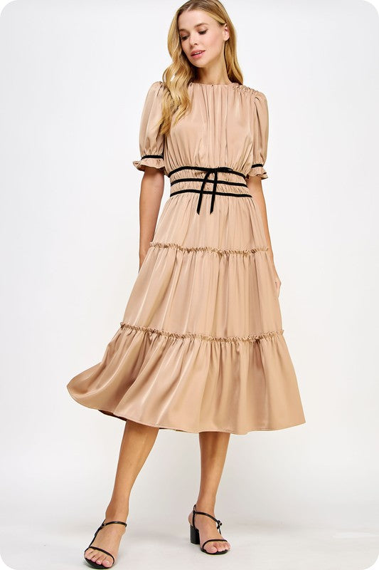 Nude Silky ruffled midi Dress