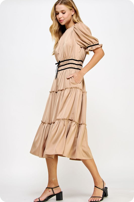 Nude Silky ruffled midi Dress