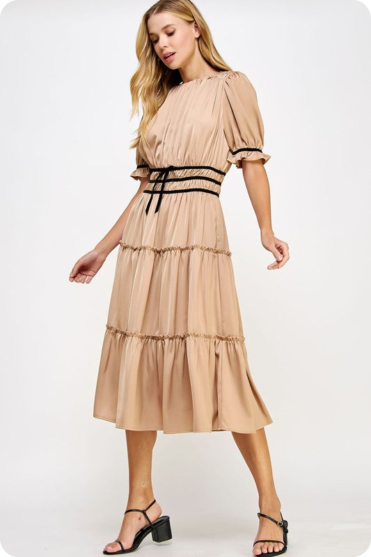 Nude Silky ruffled midi Dress