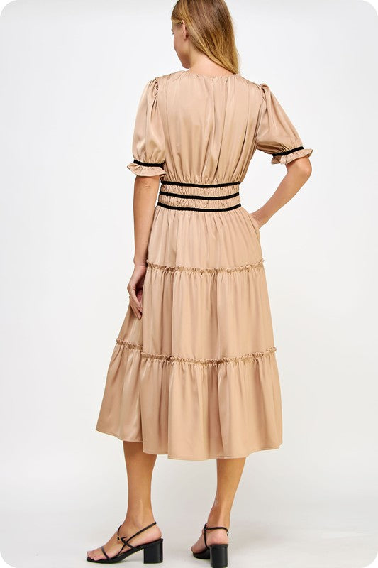 Nude Silky ruffled midi Dress