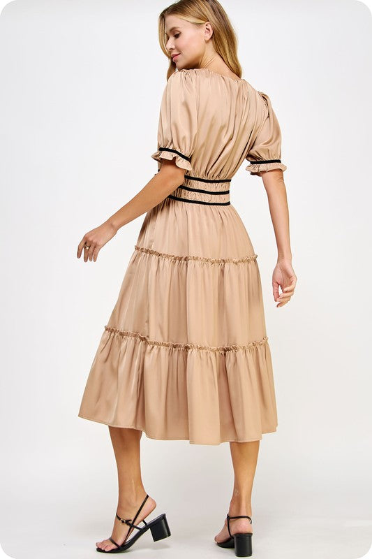 Nude Silky ruffled midi Dress