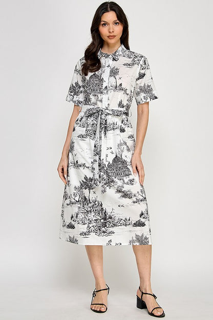 Black toile printed  midi dress
