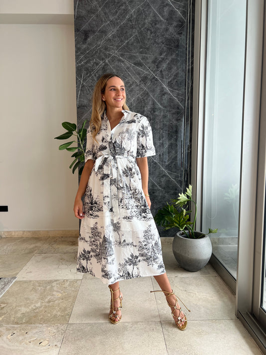 Black toile printed  midi dress