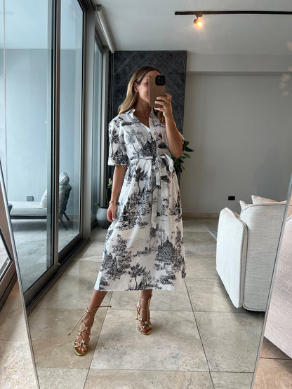 Black toile printed  midi dress