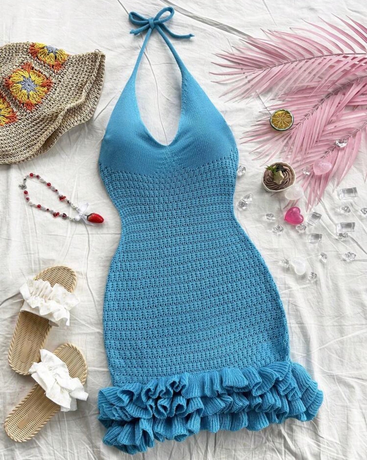 Aqua Knitted ruffled mini Dress