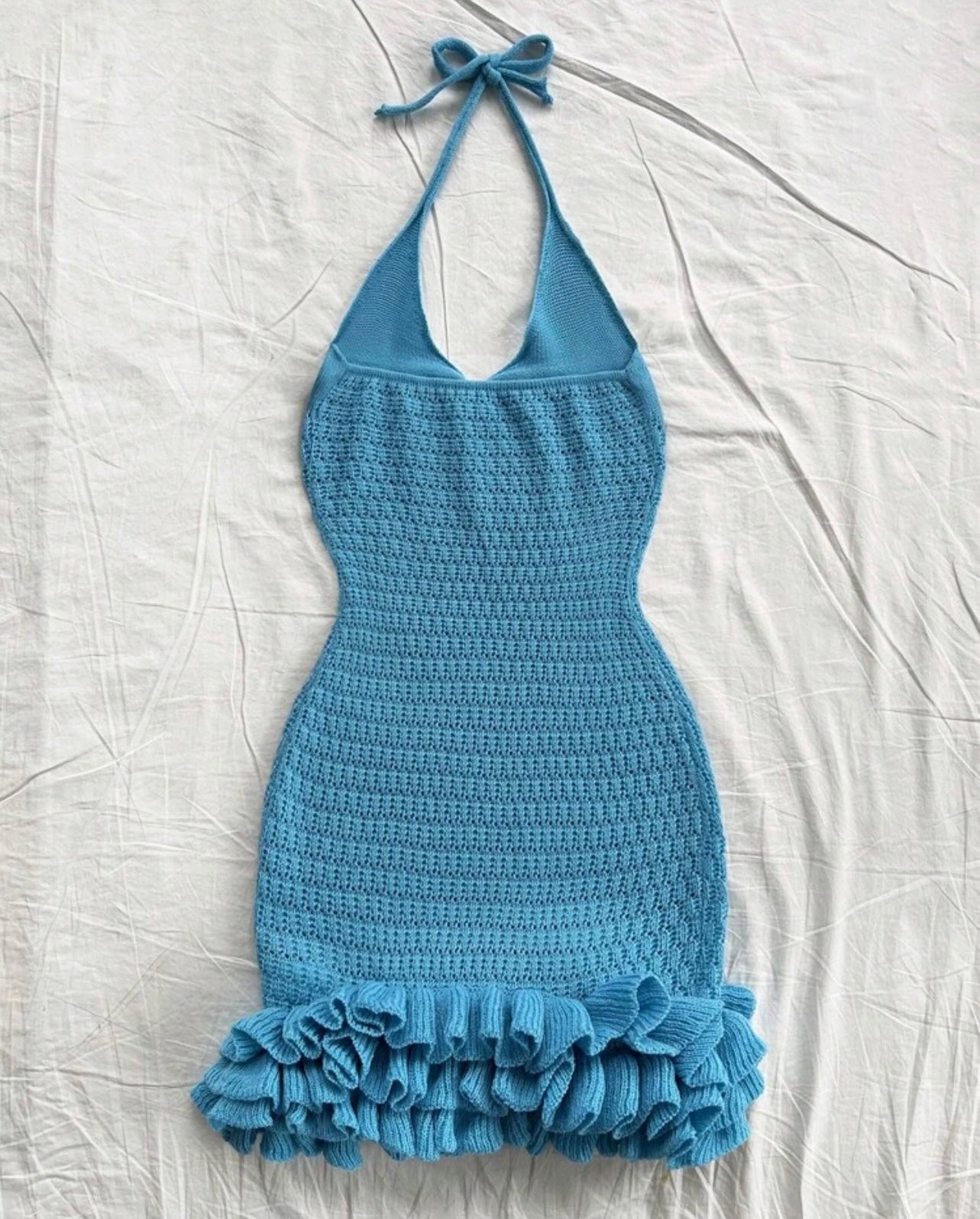 Aqua Knitted ruffled mini Dress