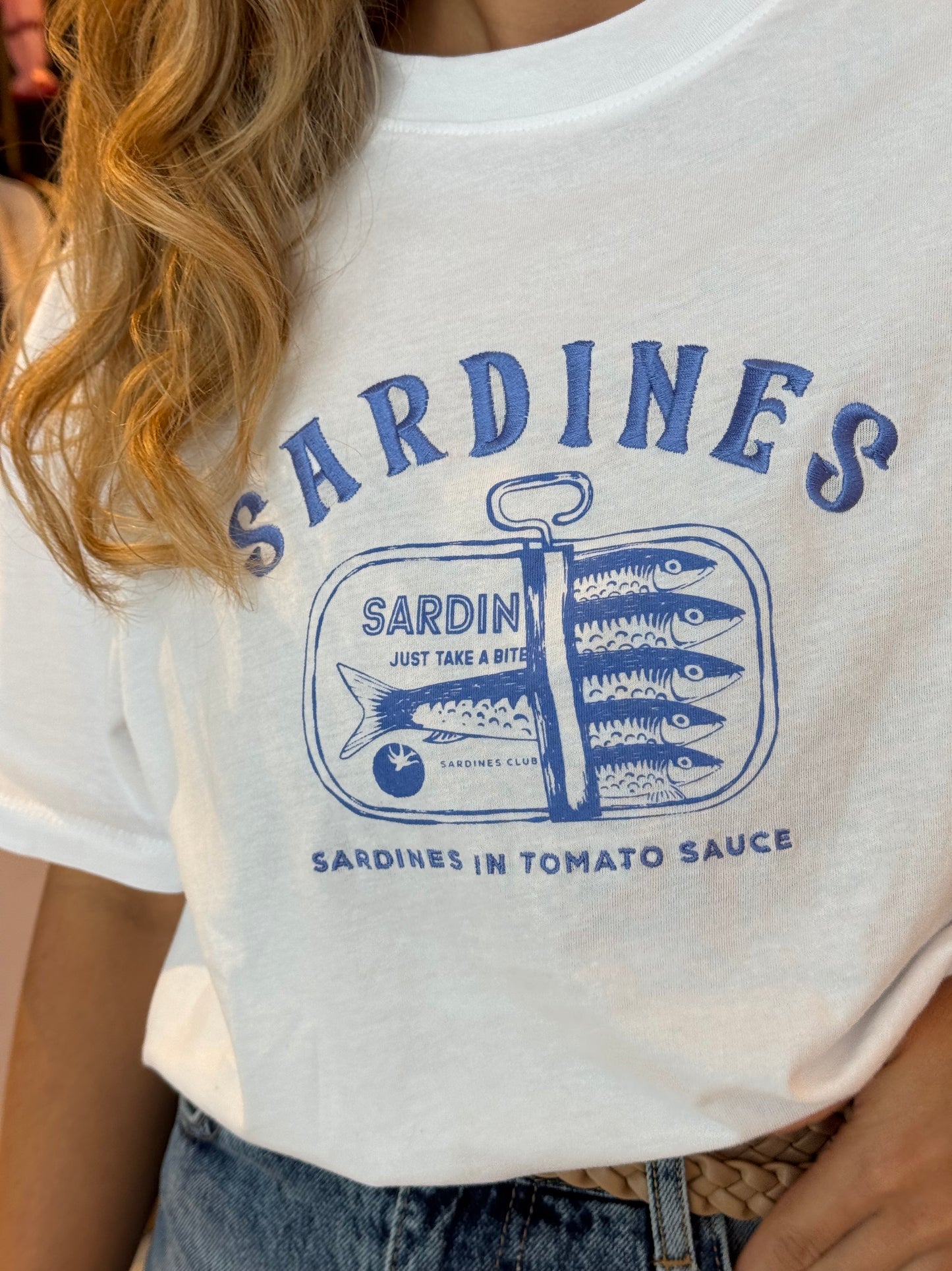 White sardines  embroidery tshirt