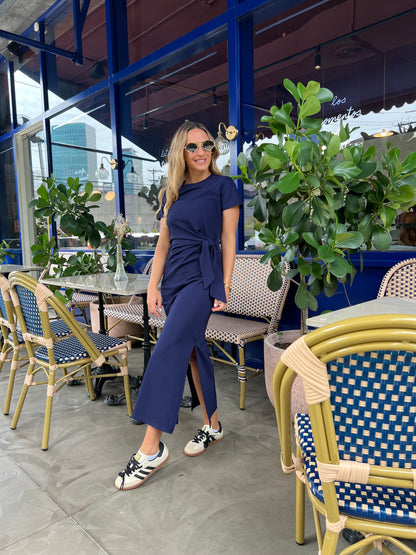 Frida Navy tie in front tshirt dress