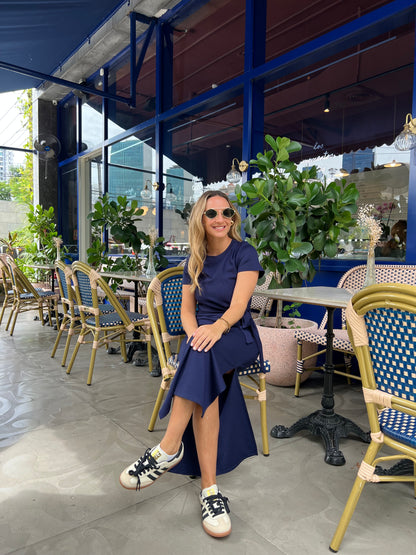 Frida Navy tie in front tshirt dress