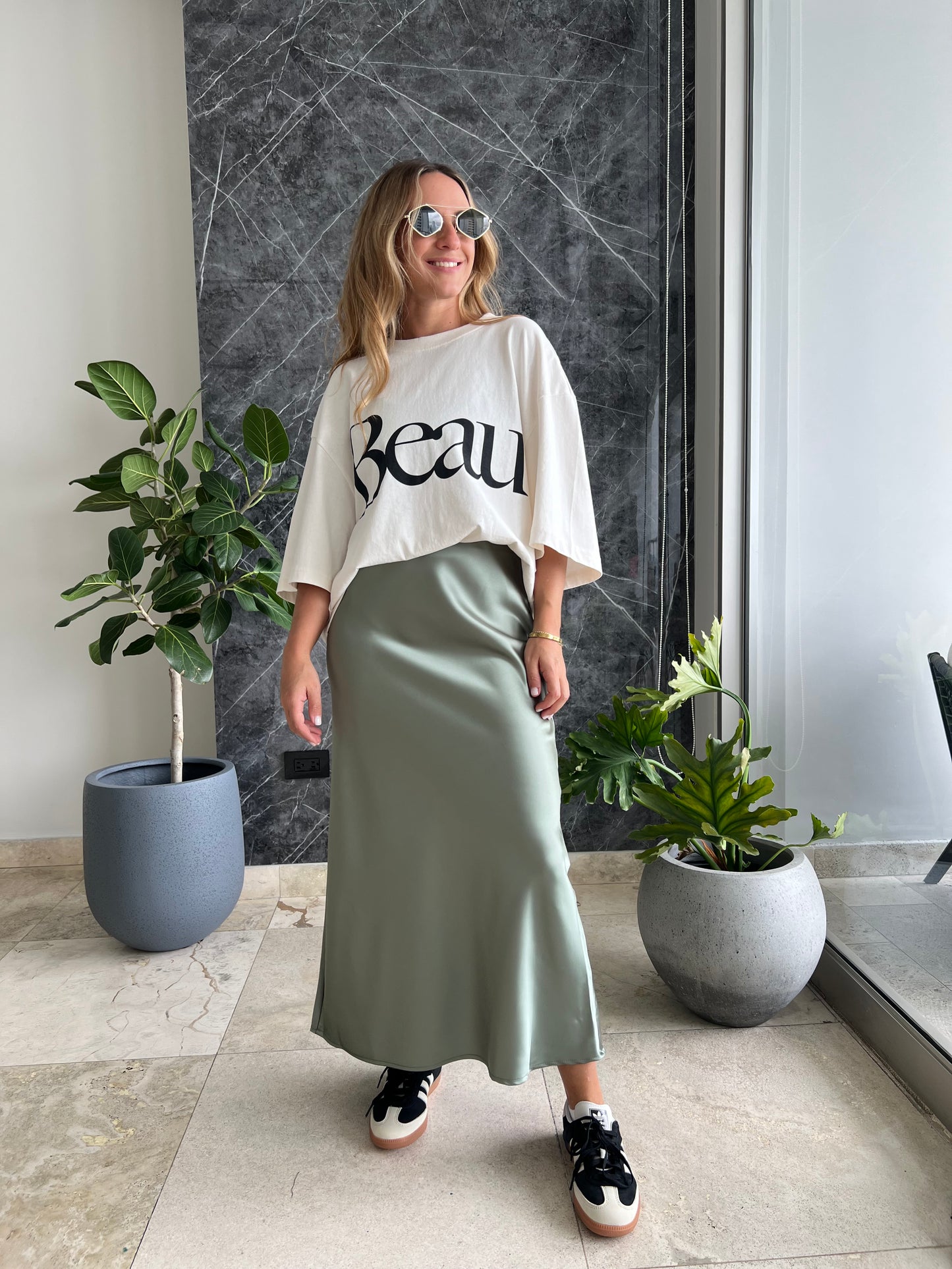 Sage Silky midi skirt
