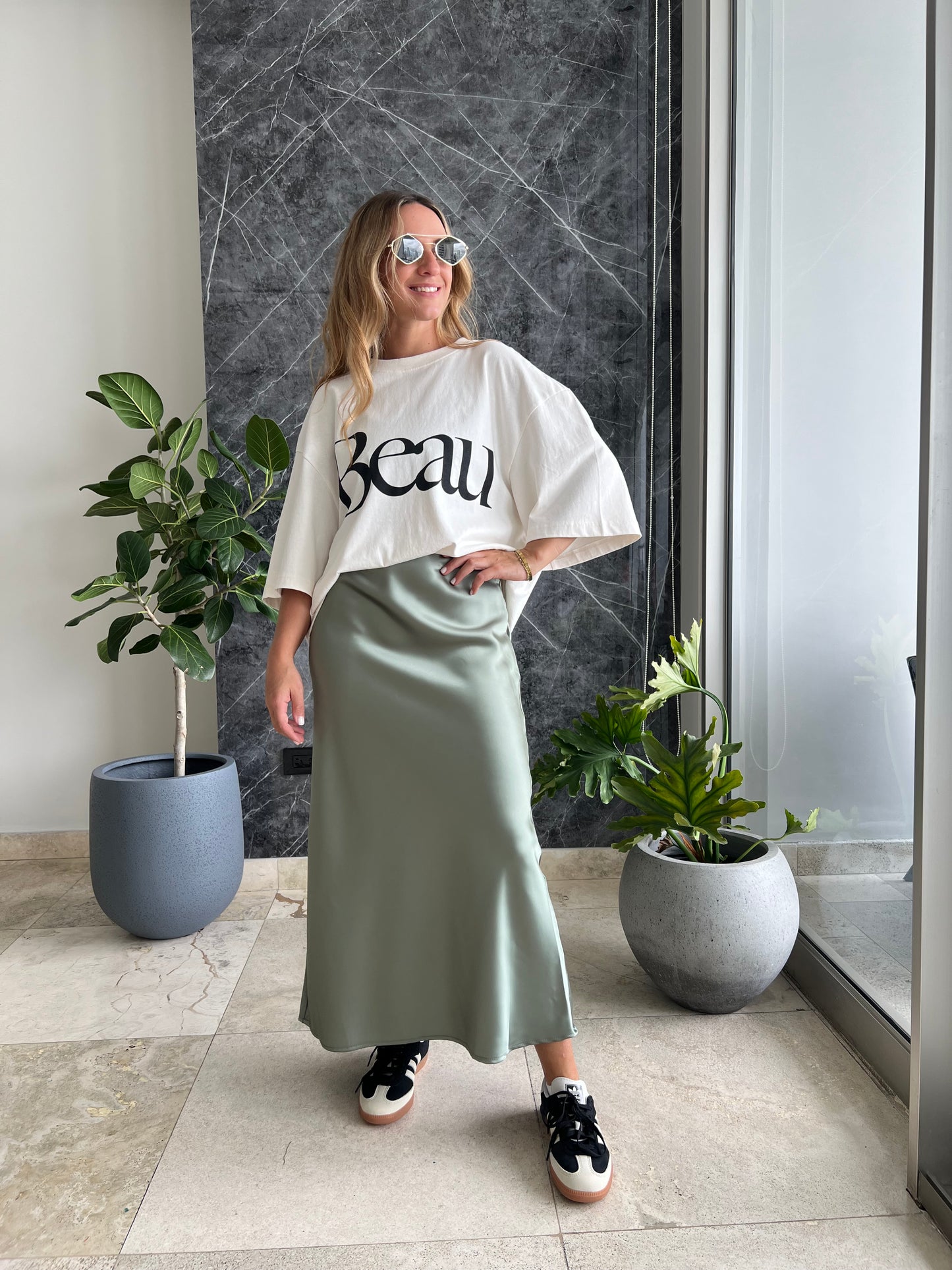 Sage Silky midi skirt